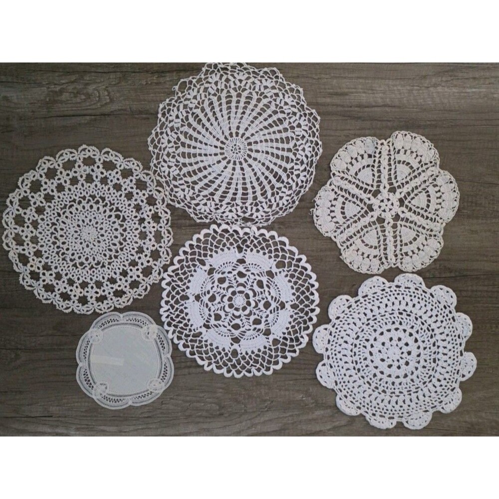 Vintage Mid-Century Hand-Crocheted White Lace Doilies – 6 Piece Collection